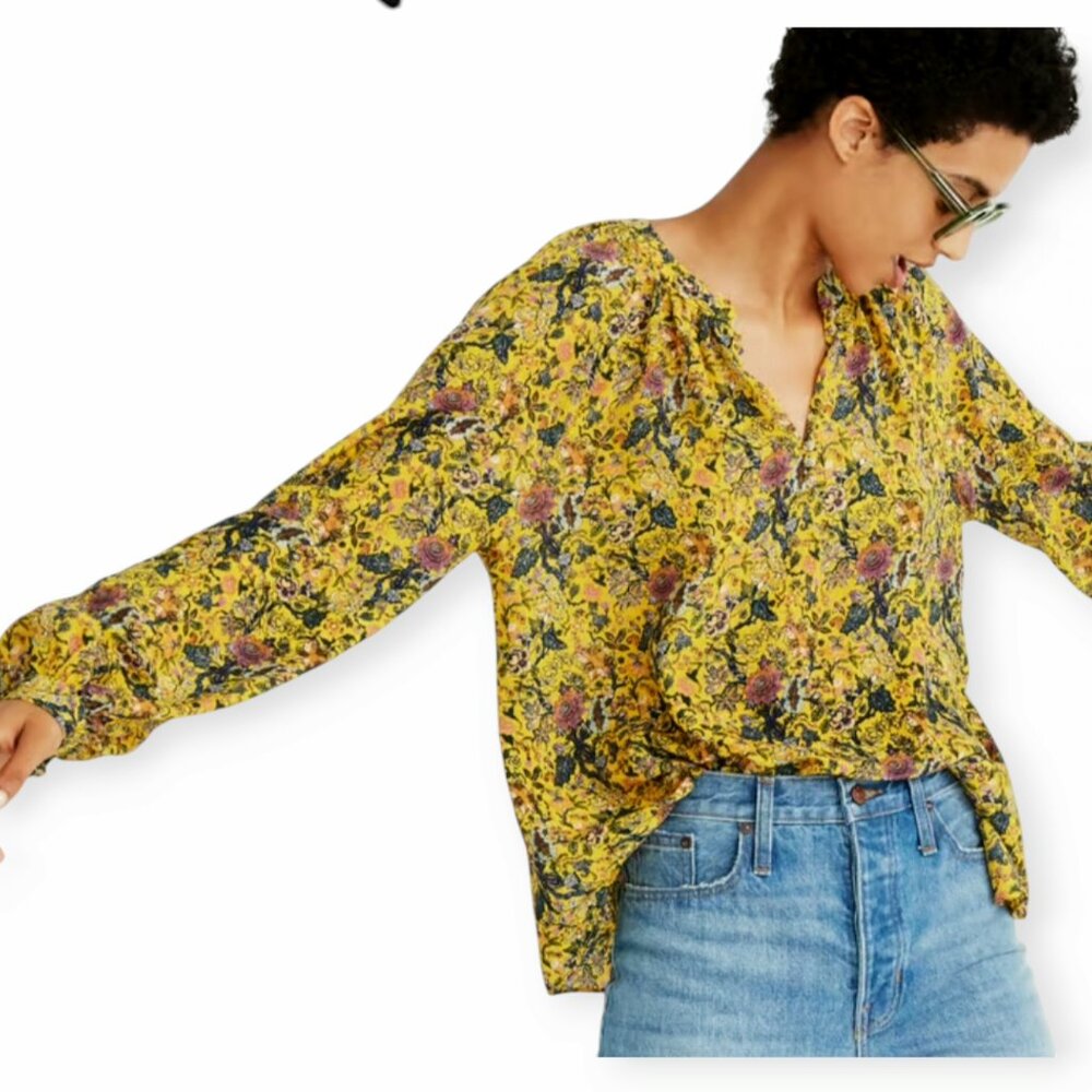 Madewell x Karen Walker Yellow Floral 100 Silk Boho Blouse Tie Back Size M - Picture 7 of 9